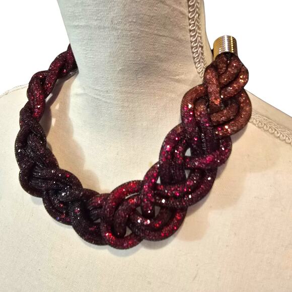 Statement Braided Mesh Necklace Glitter Ombre Red Gold Tone 18 Inch Fashion Jewe - Picture 1 of 8